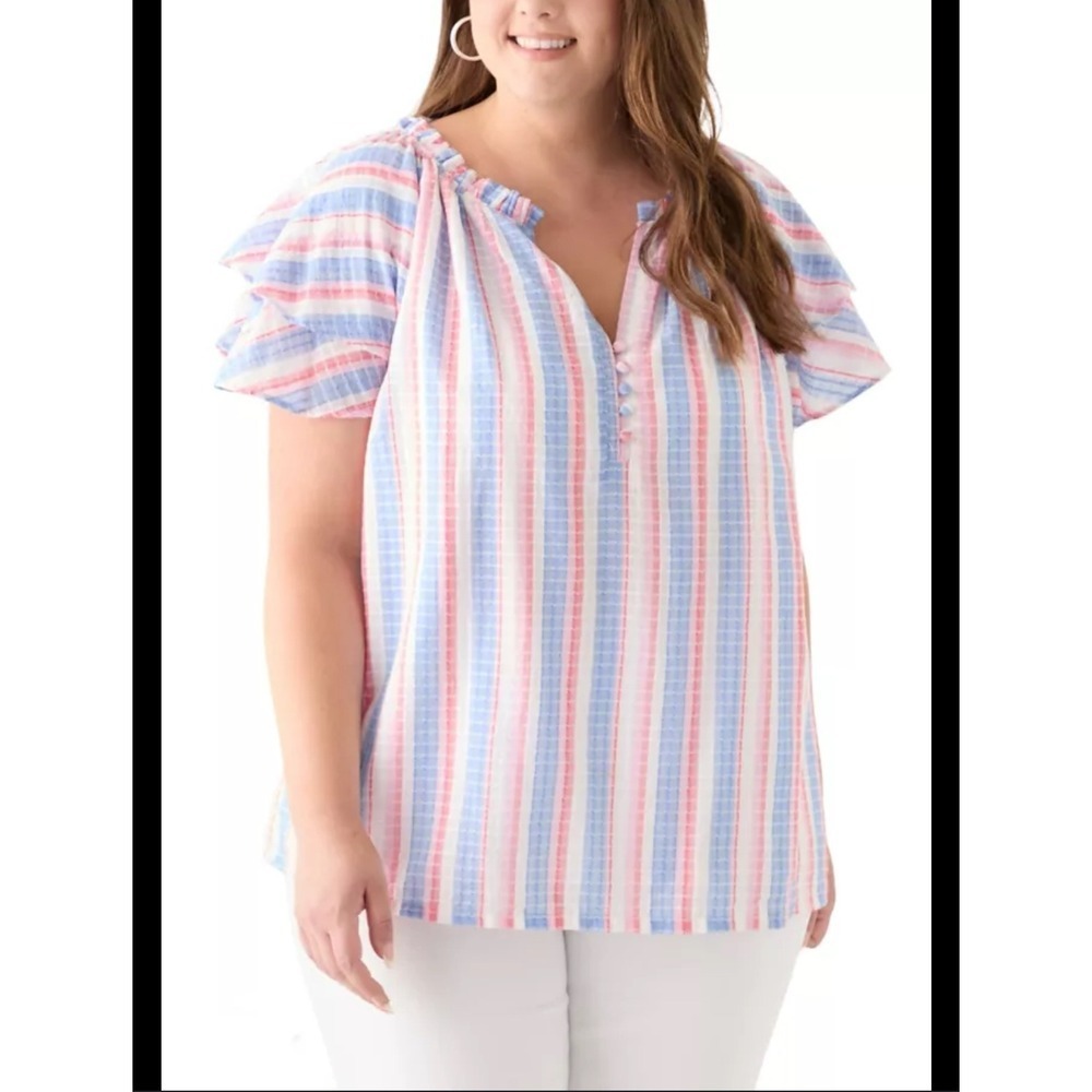 Chelsea & Theodore Woman 3X Pink Blue White Stripe Flutter Sleeve Tunic Top‎ NWT
